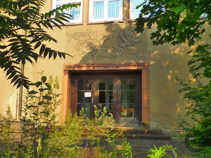Relief "Fische" im Innenhof der Pädagogischen Hochschule im Hohen Weg in Halle-Kröllwitz