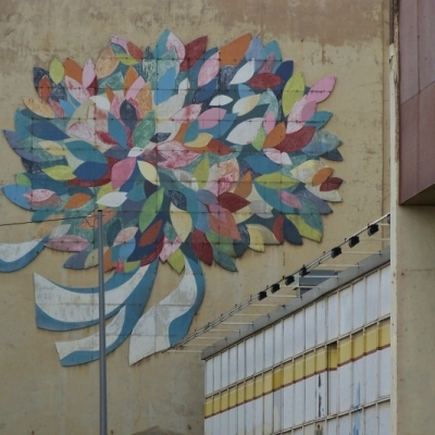 Ehemaliges Wandbild "Blumenstrauß" in der Klement-Gottwald-Straße (heute Leipziger Straße) in Halle (Saale)