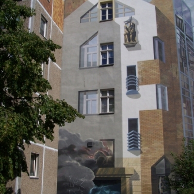Wandbild "Stadt" von Hans-Joachim Triebsch und Bernd Baumgart in der Großen Klausstraße in Halle (Saale)